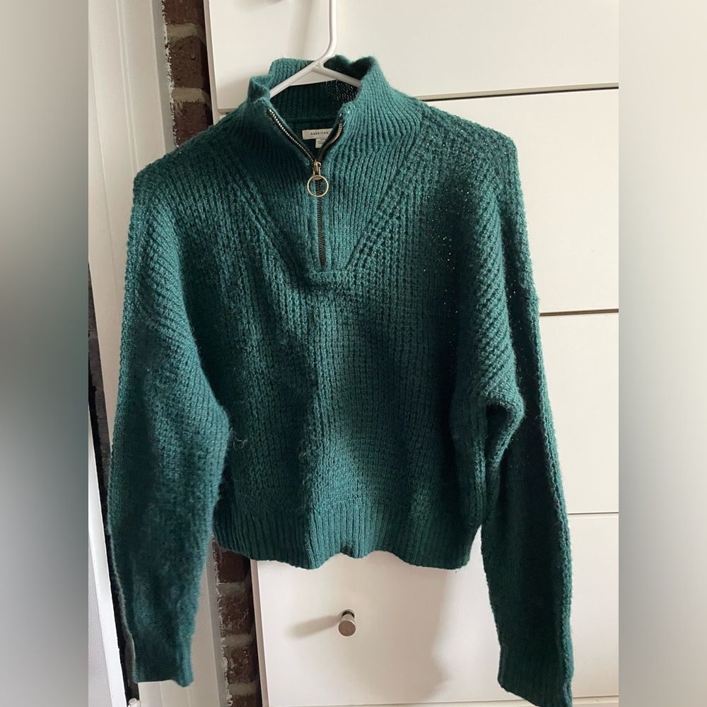 AE dark green zip-up sweater